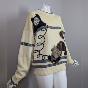 Vintage René Derhy Cat Sweater M Cream Wool Blend Knit 80s 90s France Novelty Ki